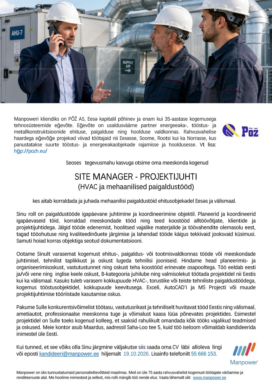 Manpower SITE MANAGER - PROJEKTIJUHT (HVAC ja mehaanilised paigaldustööd)