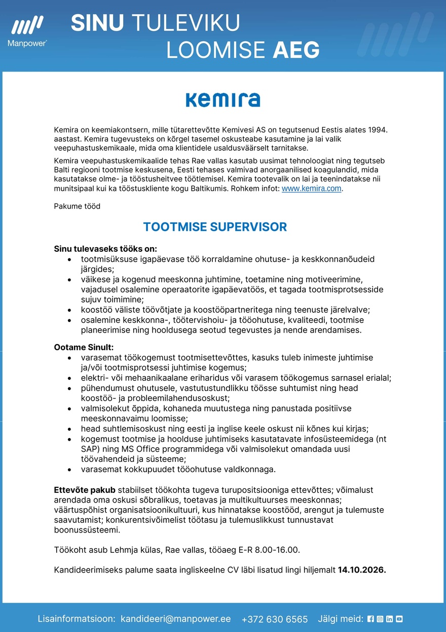 Manpower OÜ Tootmise supervisor