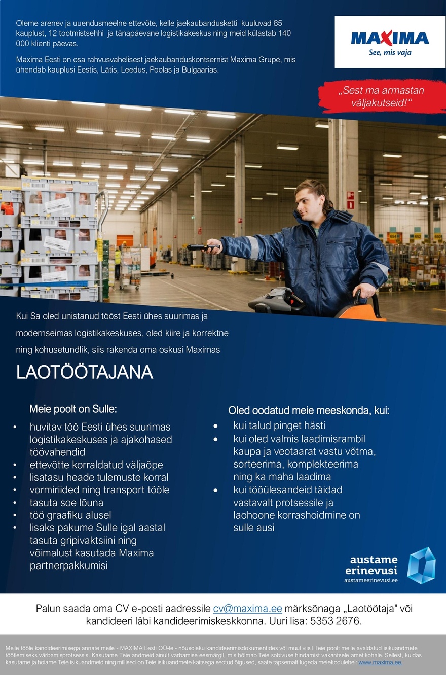 Maxima Eesti OÜ Laotöötaja Maxima Logistikakeskuses