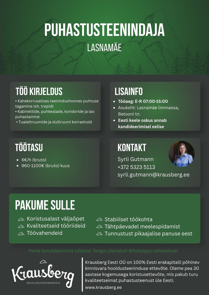Krausberg Eesti OÜ Puhastusteenindaja, Lasnamäe (täistööaeg)