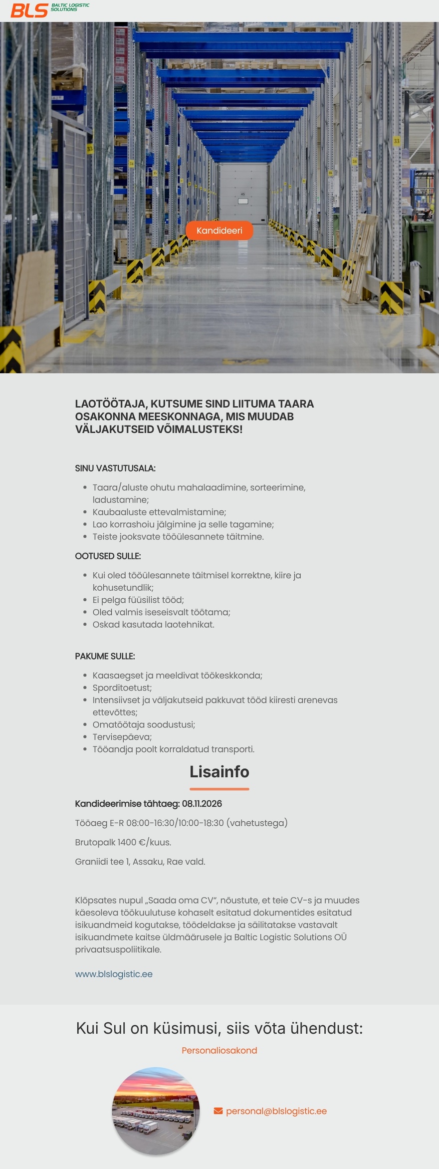 Baltic Logistic Solutions OÜ TAARA OSAKONNA TÖÖTAJA tähtajane kuni 31.01.2027