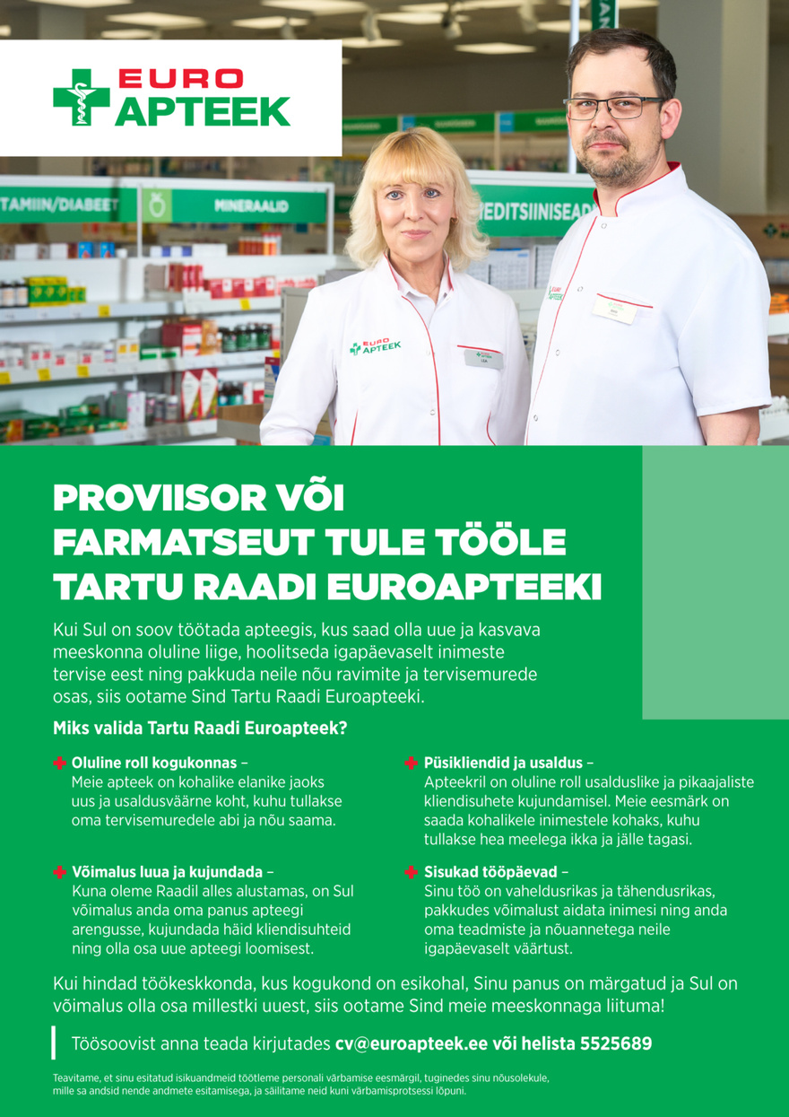 Euroapteek OÜ Tartu Raadi apteegi proviisor/farmatseut