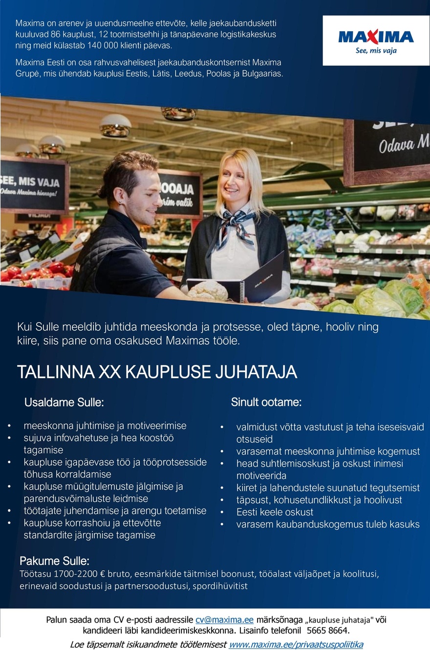Maxima Eesti OÜ Tallinna XX kaupluse juhataja