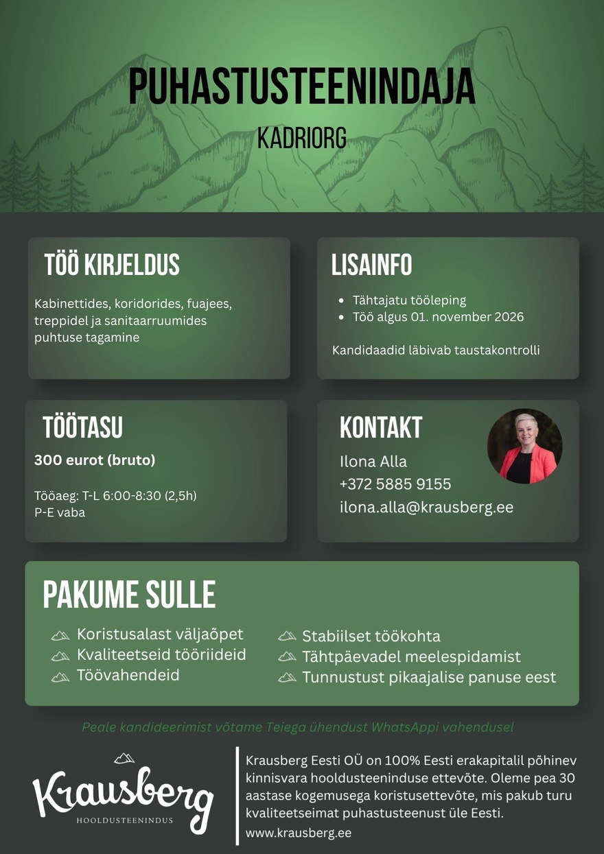 Krausberg Eesti OÜ Puhastusteenindaja Kadriorg (hommikune osaline tööaeg)
