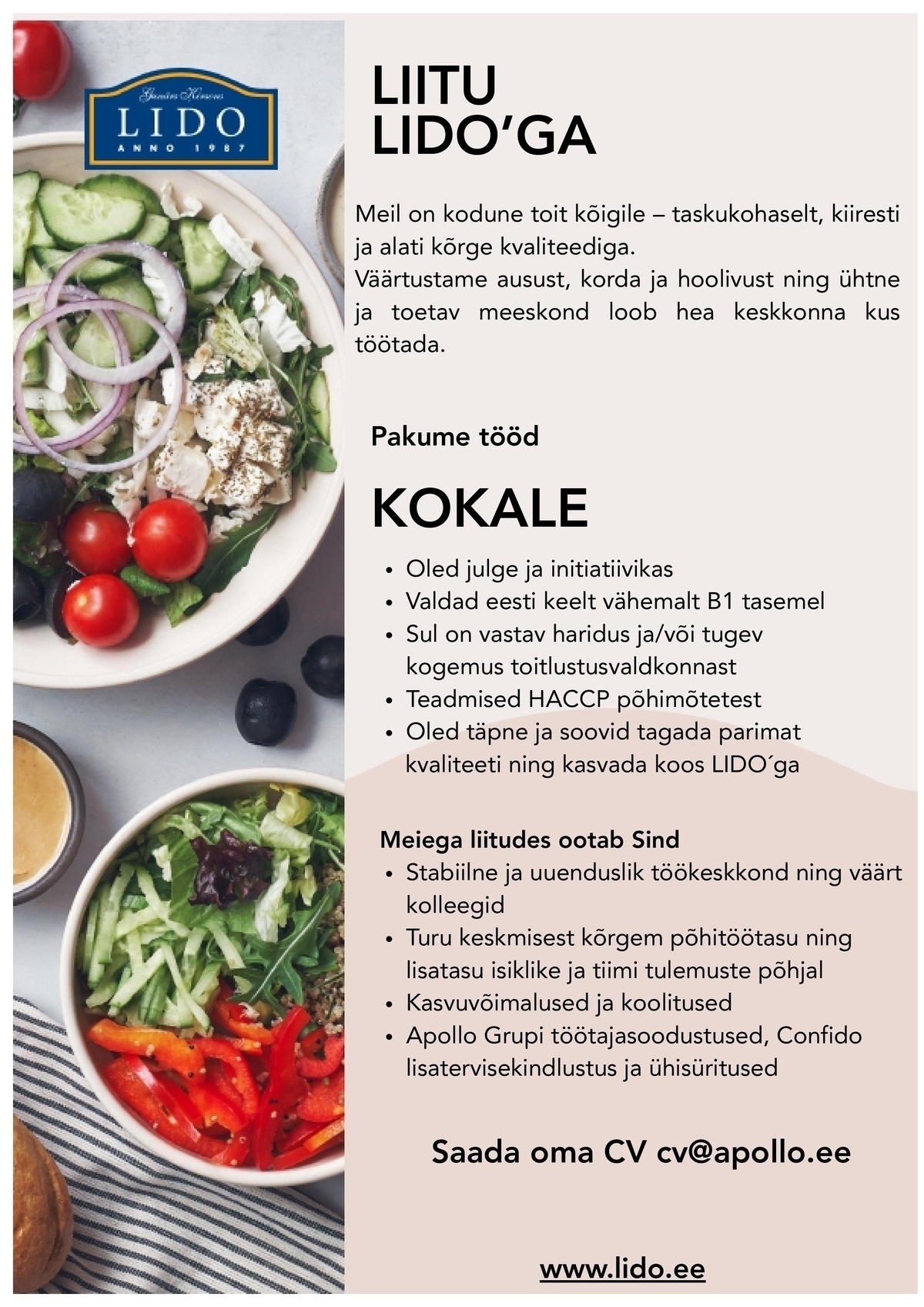 Lido Eesti OÜ LIDO Ülemiste otsib oma tiimi täiskoormusega KOKKA!