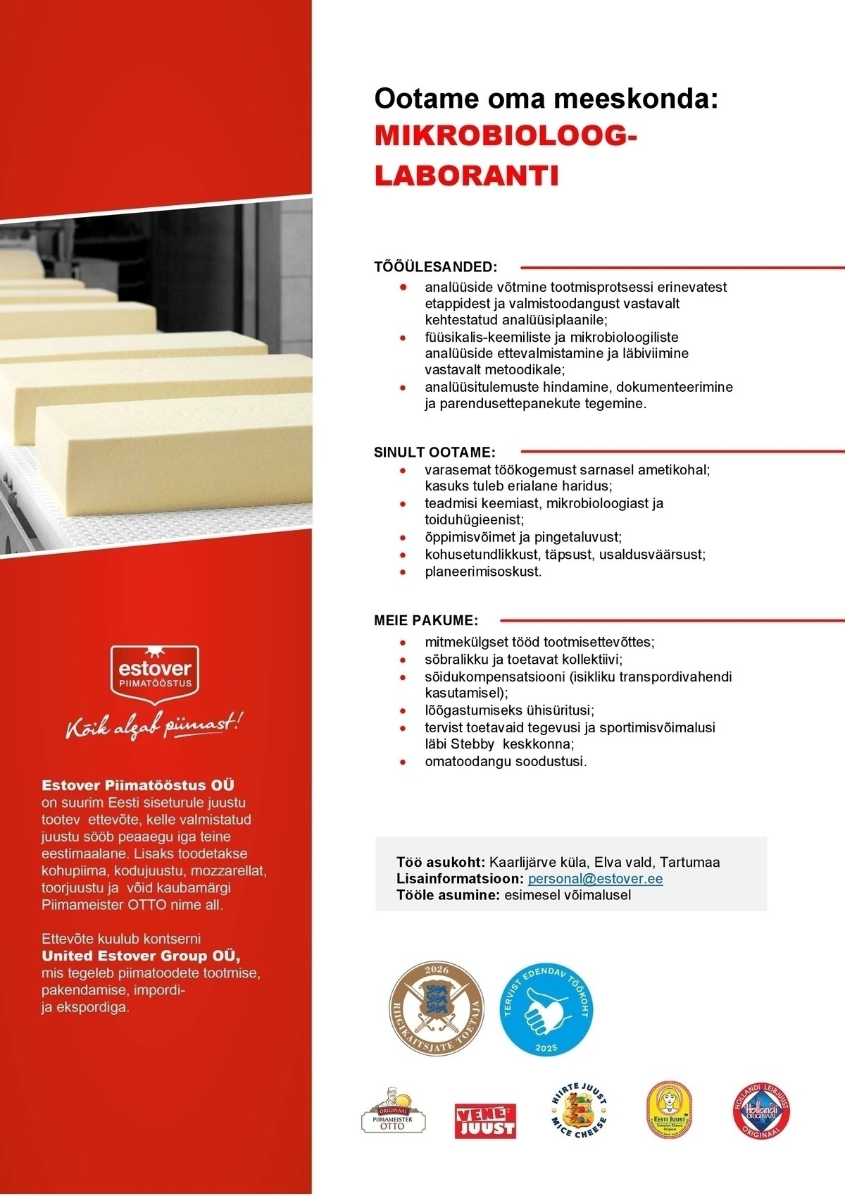 ESTOVER PIIMATÖÖSTUS OÜ Mikrobioloog-laborant