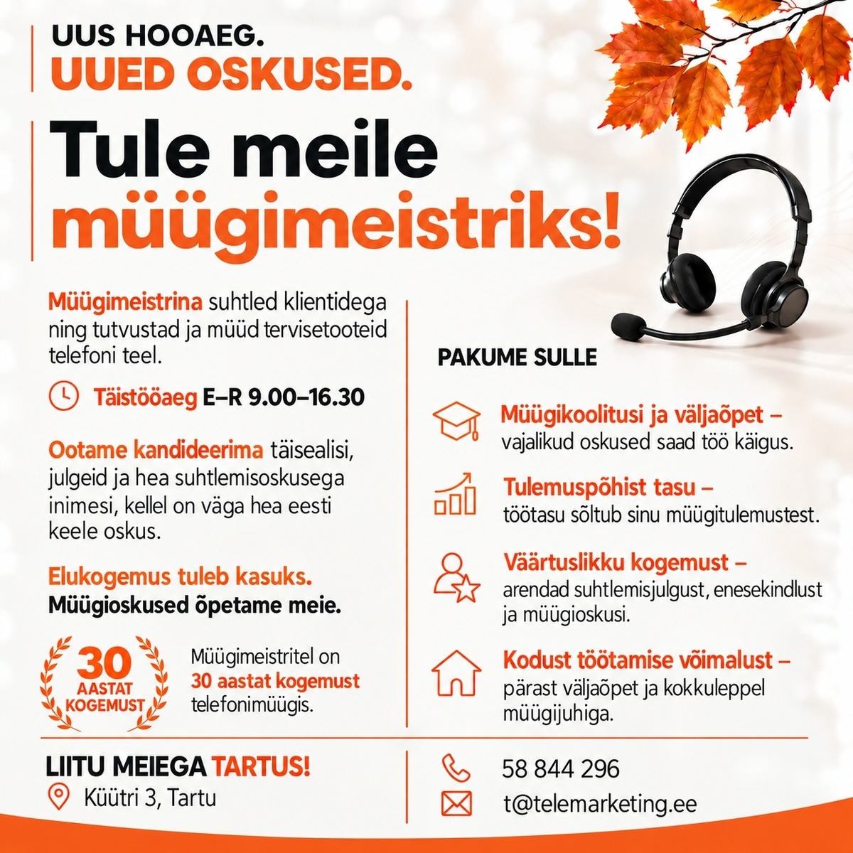 Müügimeistrite AS Tervisetoodete müügikonsultant Tartus