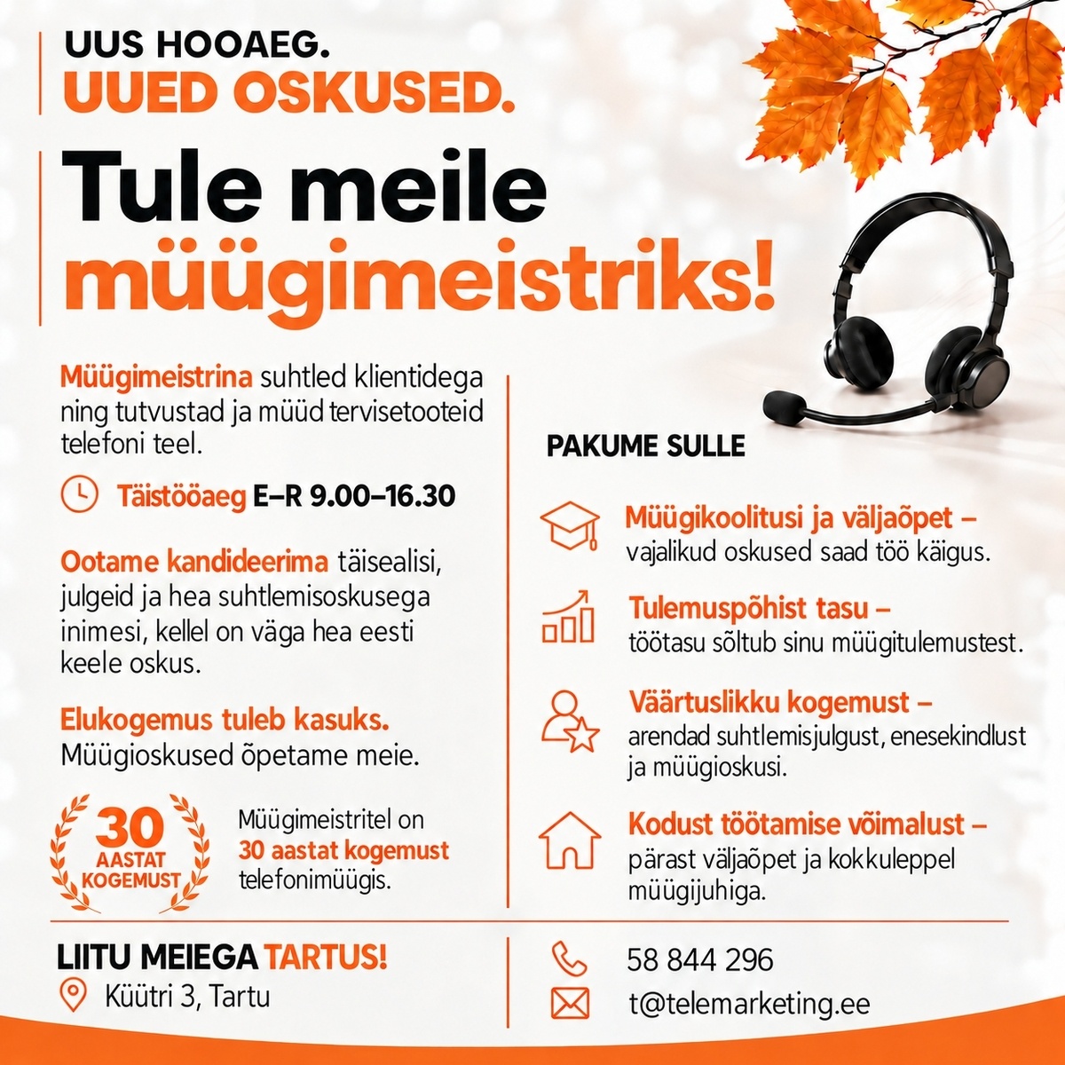 Müügimeistrite AS Tervisetoodete müügikonsultant Tartus