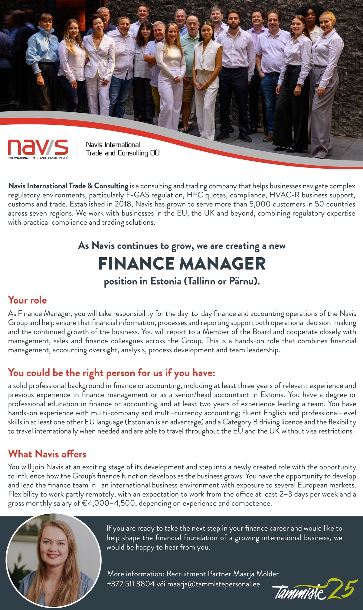 Tammiste värbamine&koolitus Finance Manager, Navis International Trade & Consulting