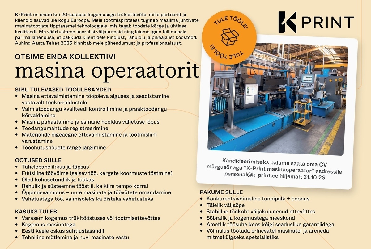 K-Print OÜ Masinaoperaator