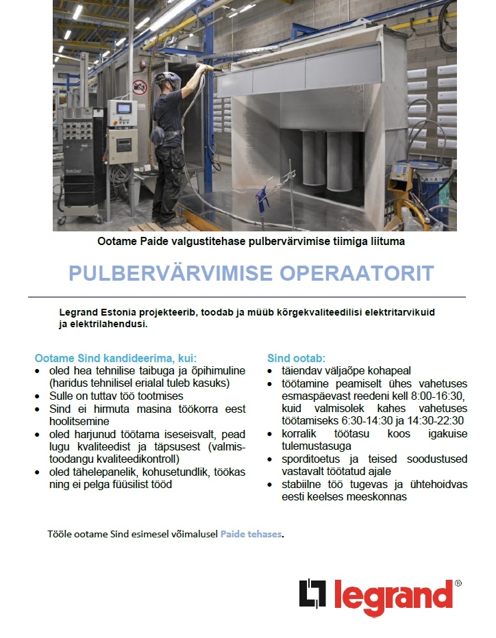 Legrand Estonia OÜ Pulbervärvimisliini operaator