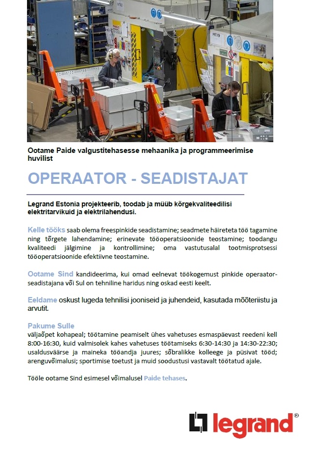 Legrand Estonia OÜ Operaator-seadistaja