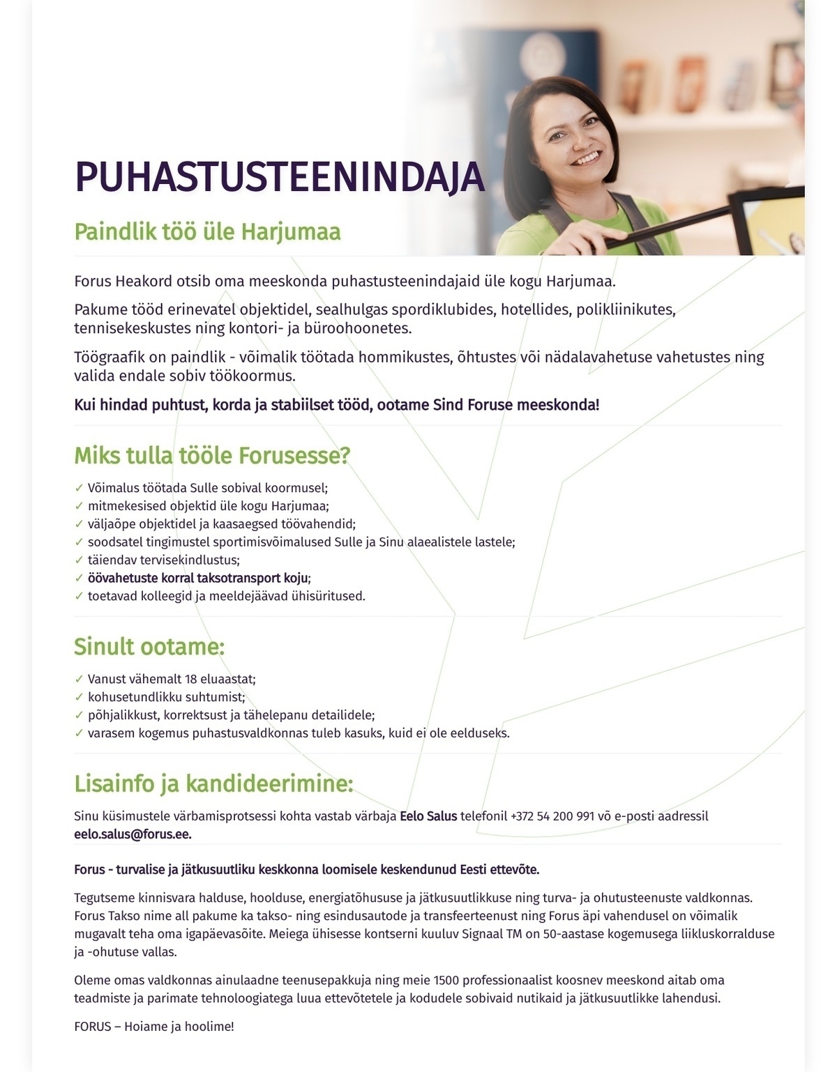 Forus Heakord OÜ Kogenud puhastusteenindaja - liitu Forusega!