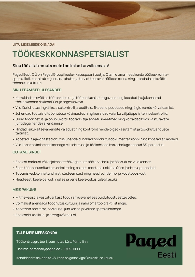 PAGED EESTI OÜ Töökeskkonnaspetsialist