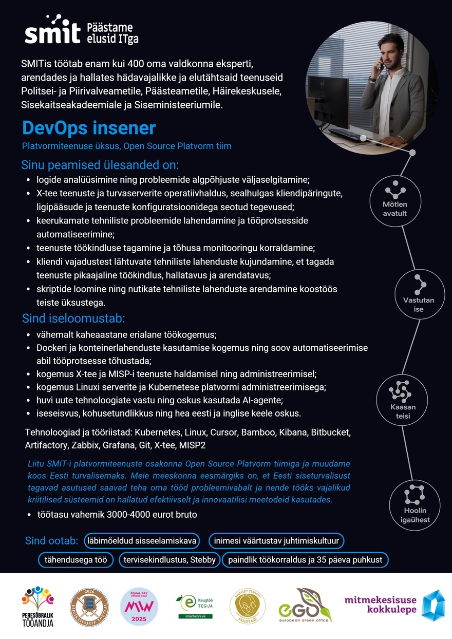 Siseministeeriumi infotehnoloogia- ja arenduskeskus DevOps insener (platvormiteenused)