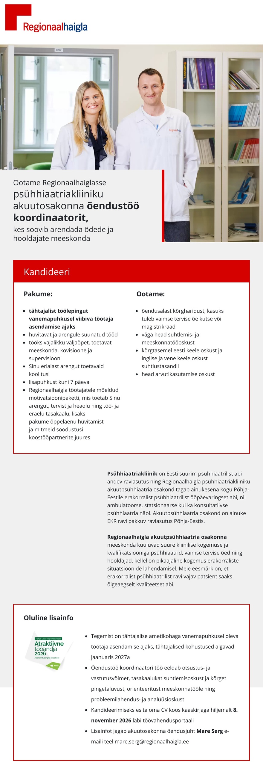 Põhja-Eesti Regionaalhaigla Õendustöö koordinaator psühhiaatriakliiniku akuutosakonda