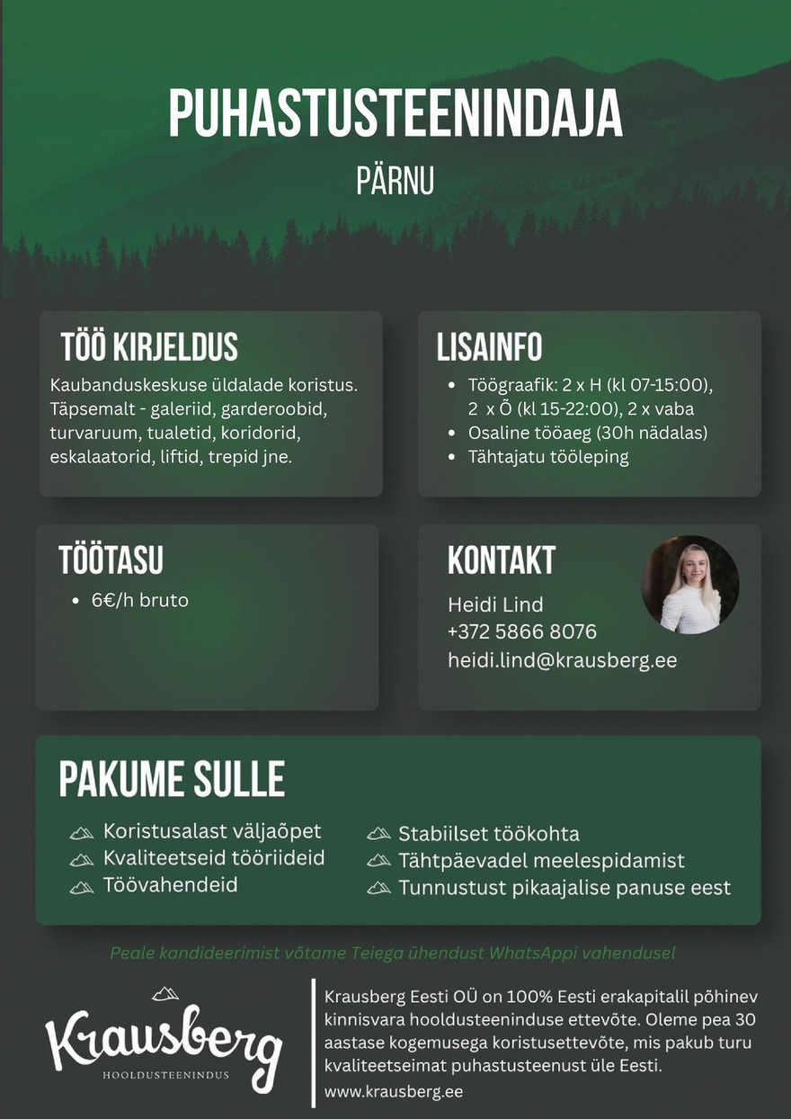 Krausberg Eesti OÜ Puhastusteenindaja, Pärnu (osaline)