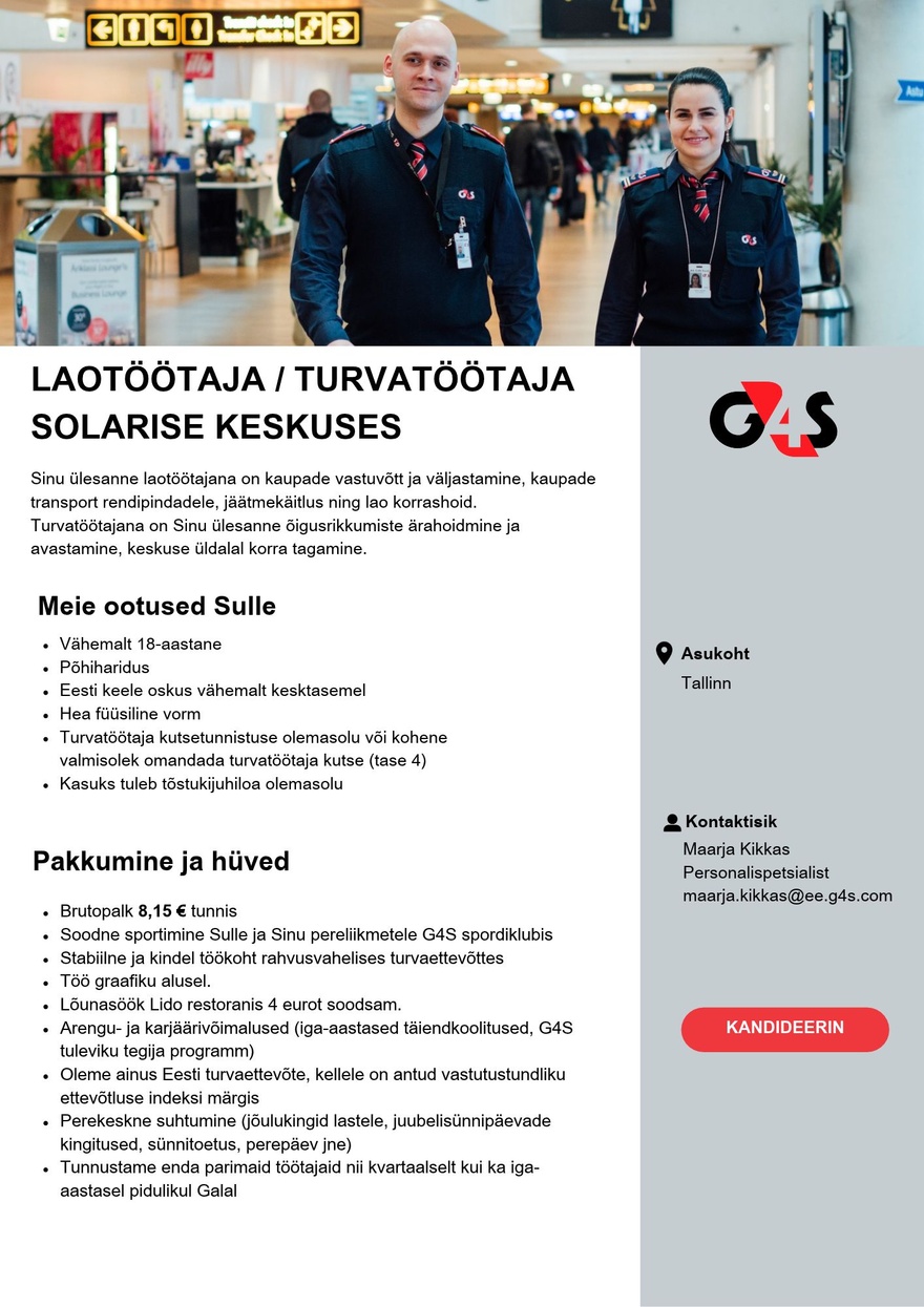 AS G4S Eesti Laotöötaja / turvatöötaja Solarise keskuses