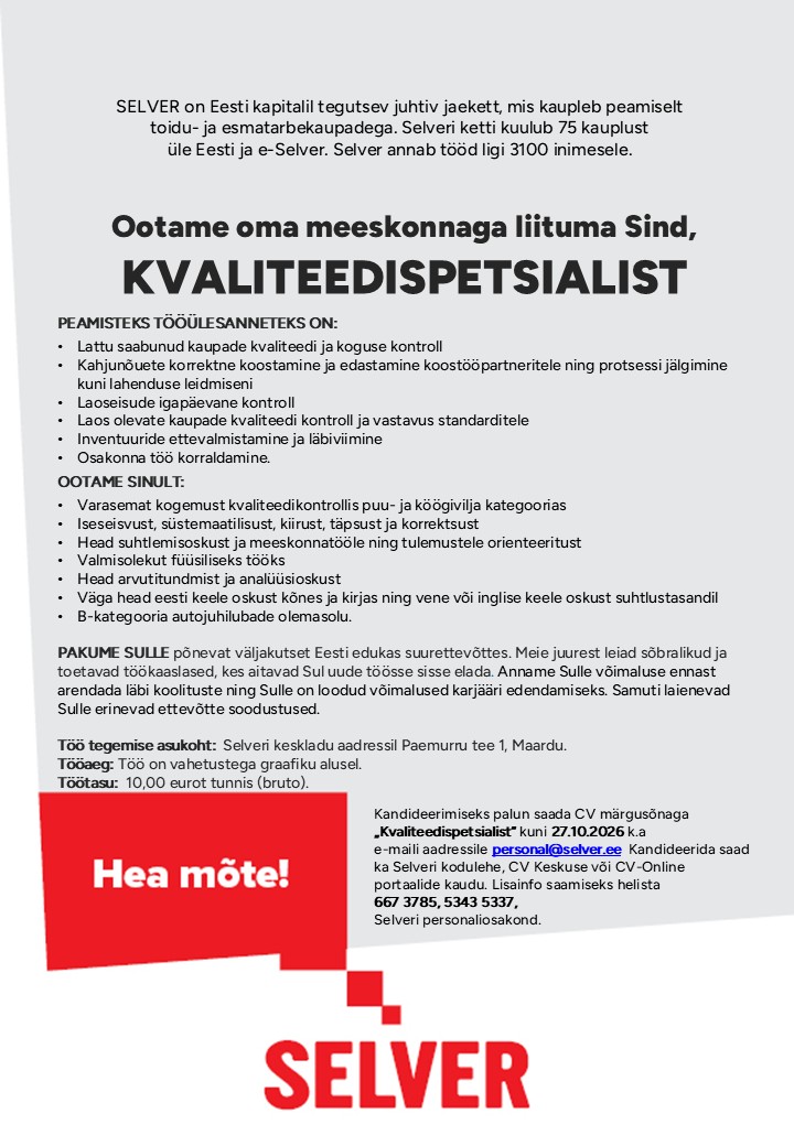 Selver KVALITEEDISPETSIALIST