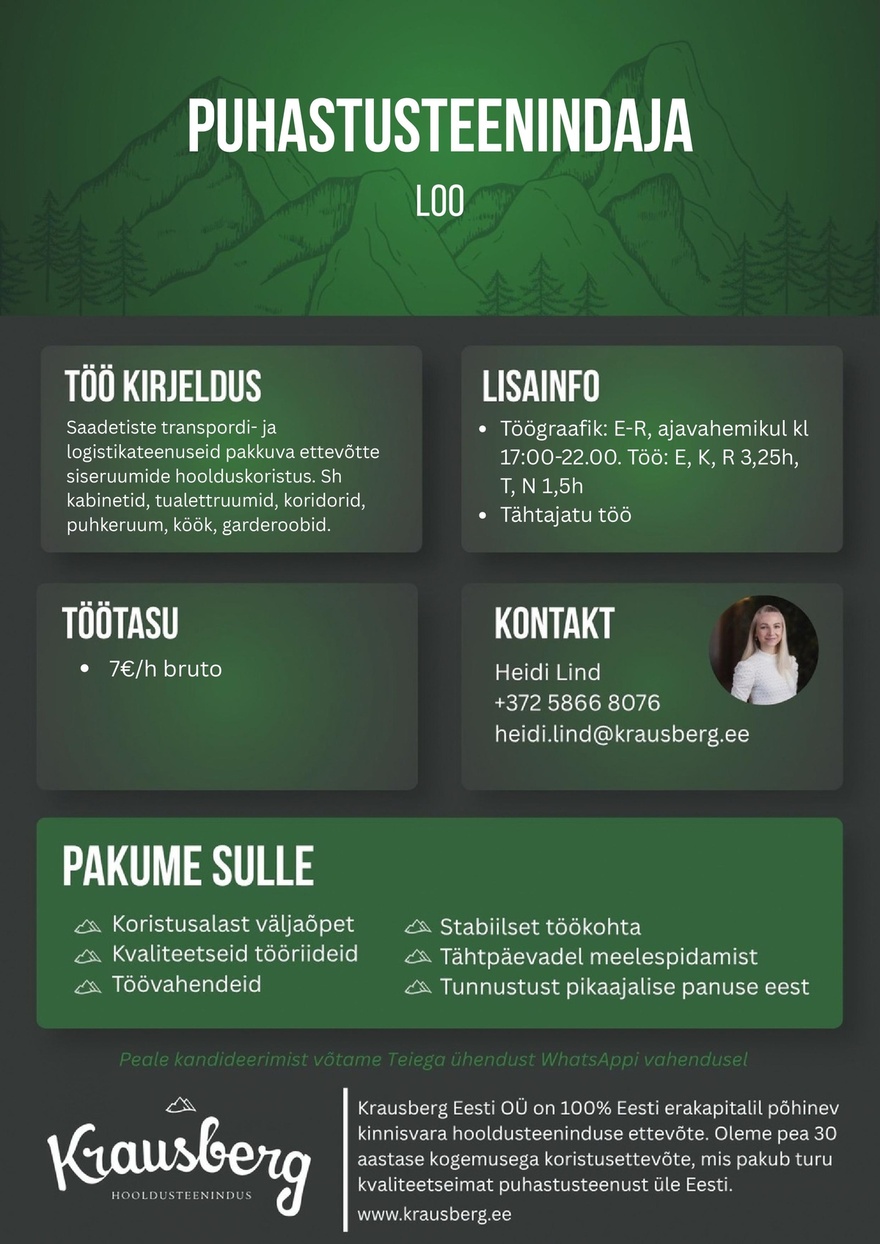 Krausberg Eesti OÜ Puhastusteenindaja, Loo alevik (osaline, õhtuti)