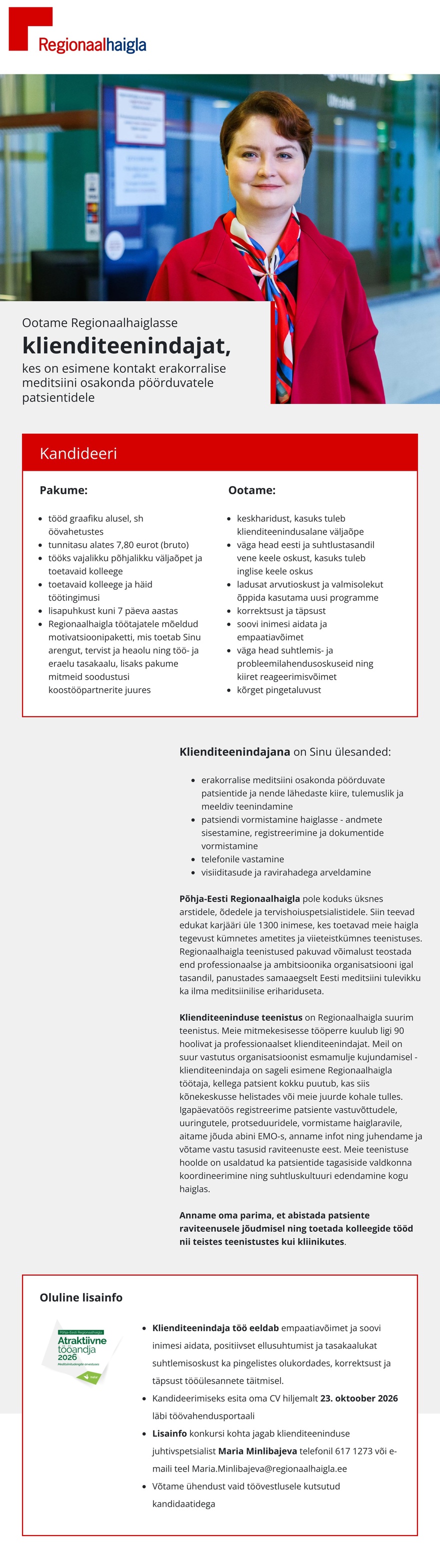 Põhja-Eesti Regionaalhaigla Klienditeenindaja (EMO registratuuri)