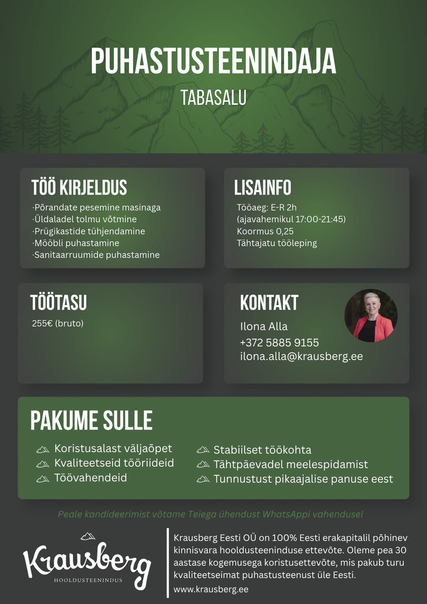 Krausberg Eesti OÜ Puhastusteenindaja Tabasalu (osaline õhtune tööaeg)