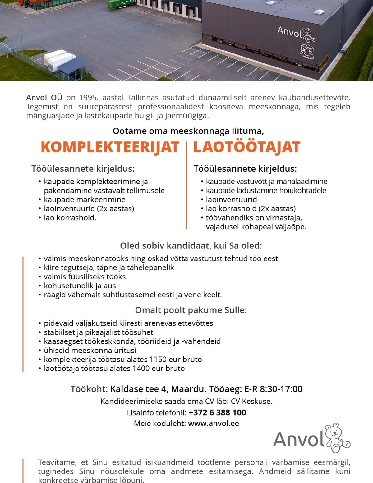 Anvol OÜ Otsime laotöötajat ja komplekteerijat