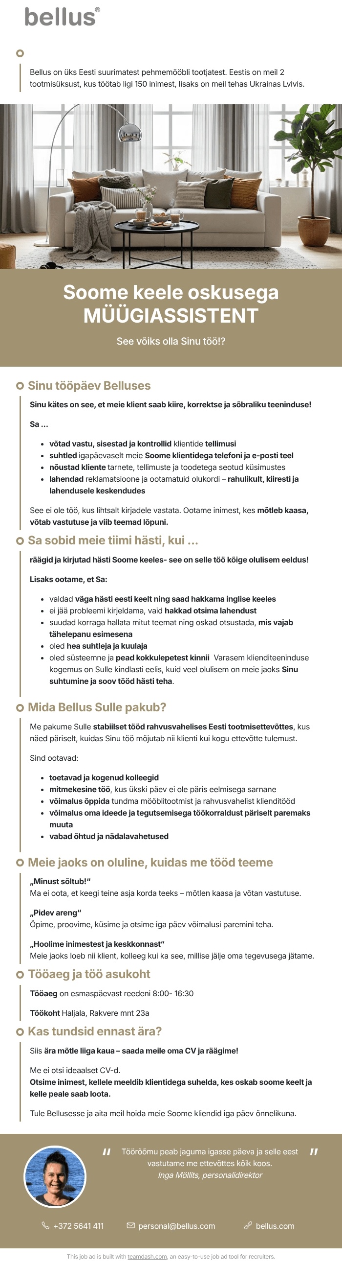 Bellus Furniture OÜ MÜÜGIASSISTENT SOOME keele oskusega