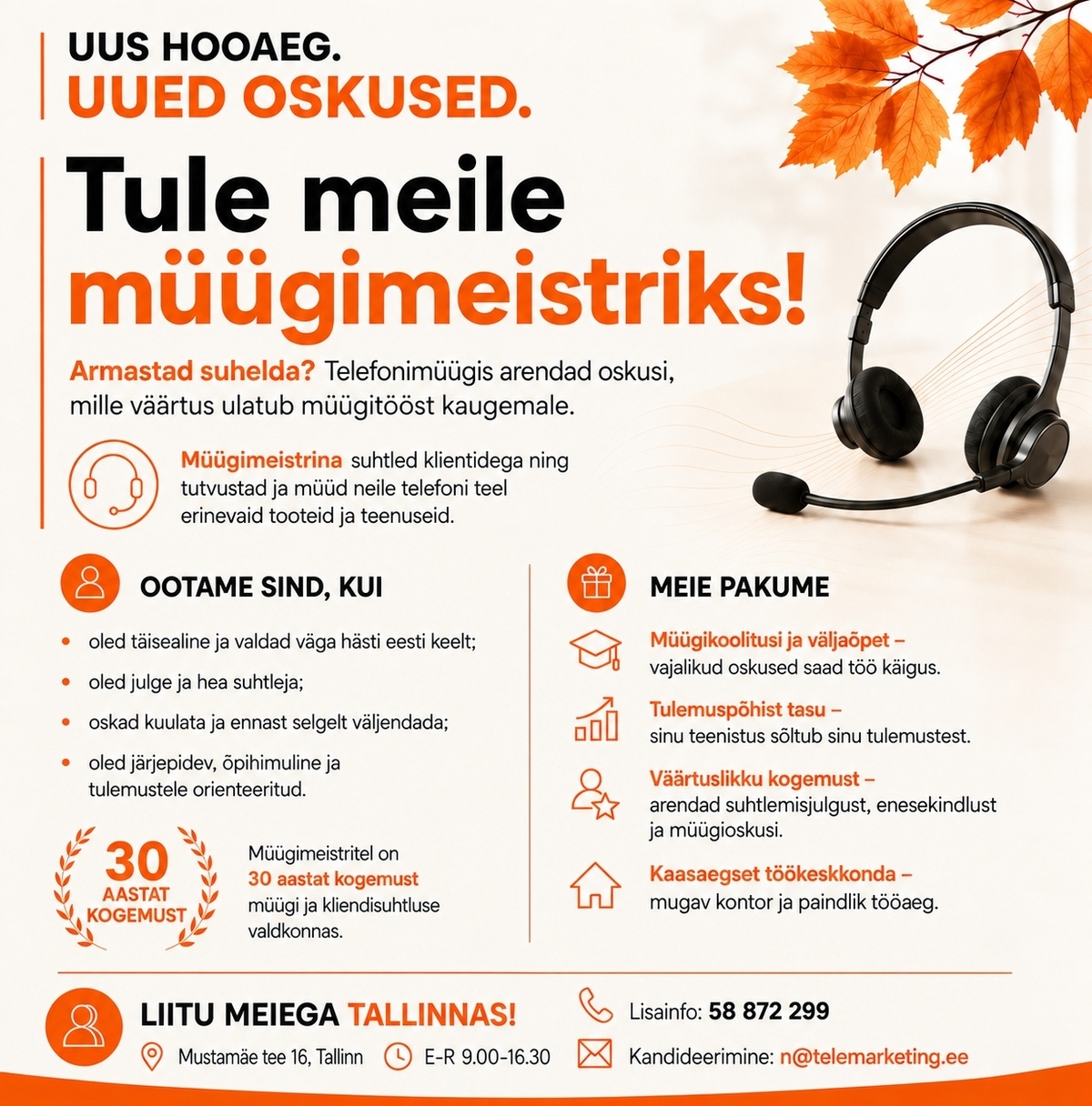 Müügimeistrite AS Telefonimüügi konsultant Tallinnas (Mustamäe kontoris)