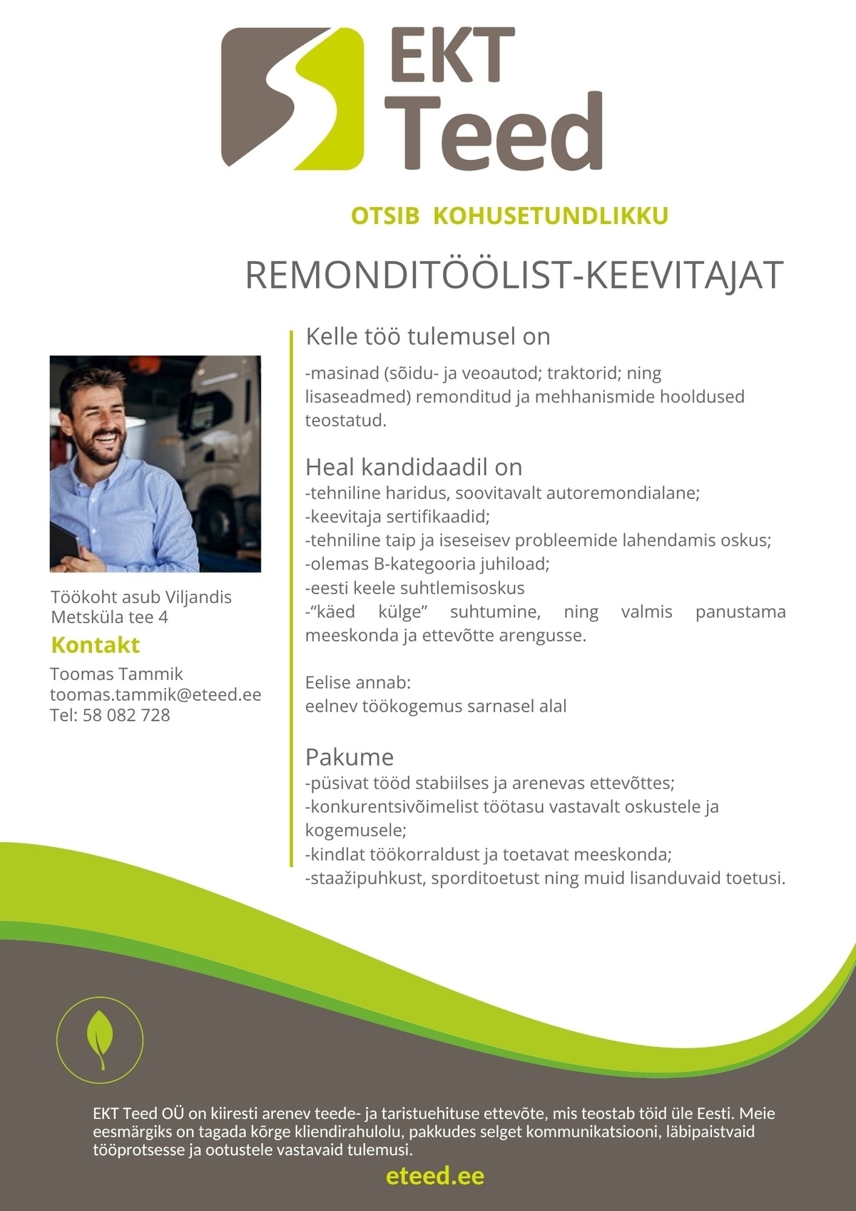 EKT Teed OÜ Remonditööline-keevitaja