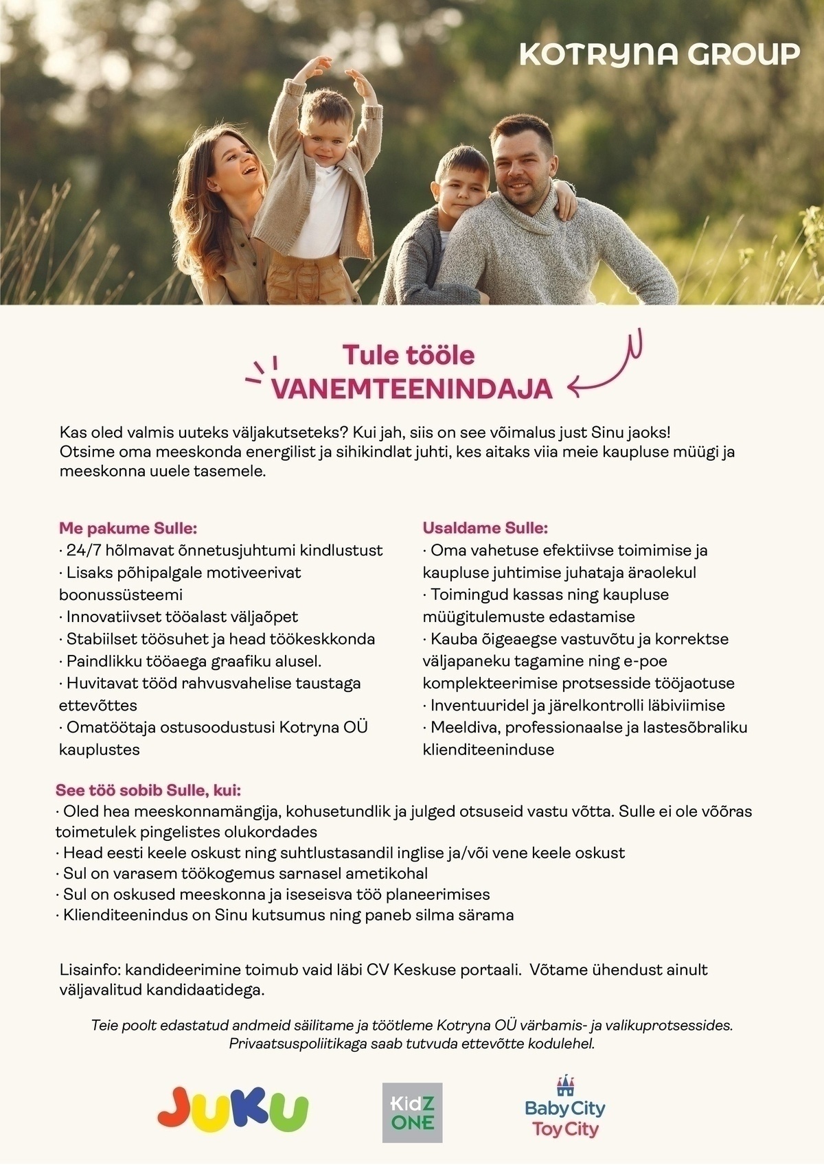 Kotryna OÜ Tähesaju BabyCity/ToyCity kaupluse vanemteenindaja