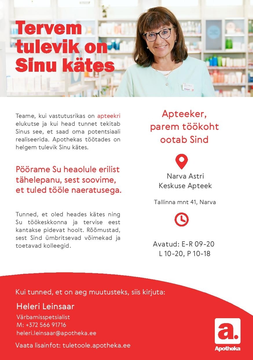 Apotheka Proviisor või farmatseut Narva Astri Keskuse Apteeki