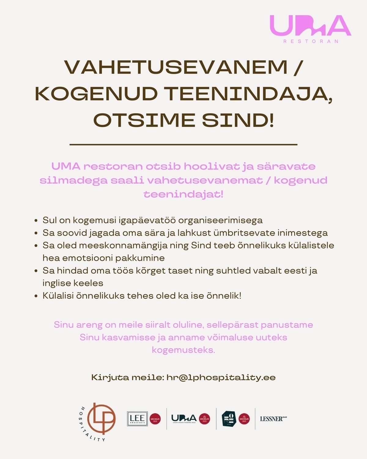 LP Hospitality Vahetusevanem / kogenud teenindaja otsime Sind!