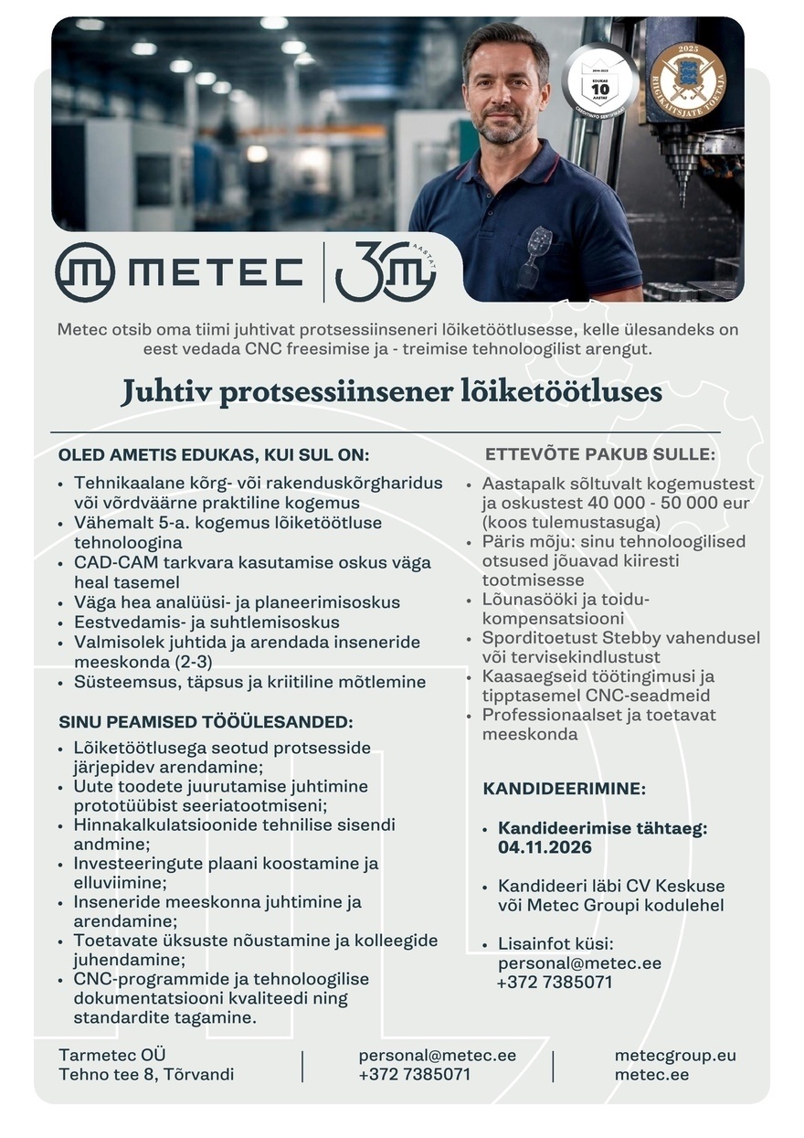 Tarmetec OÜ Juhtiv protsessiinsener lõiketöötluses