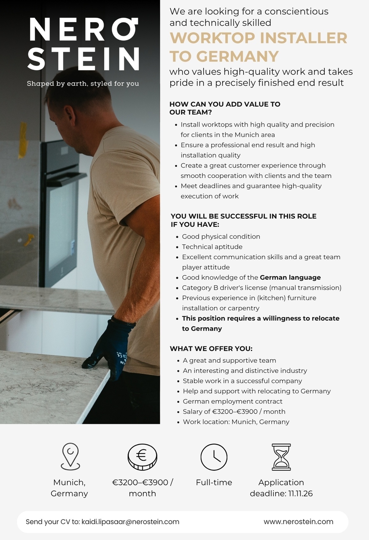 NEROSTEIN OÜ Worktop Installer to Germany