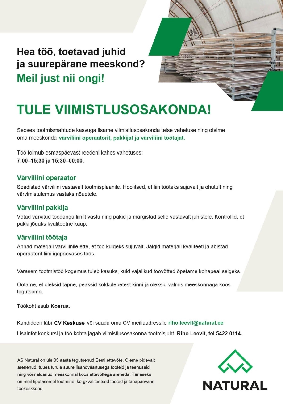 NATURAL AS Värviliini töötaja, operaator ja pakkija