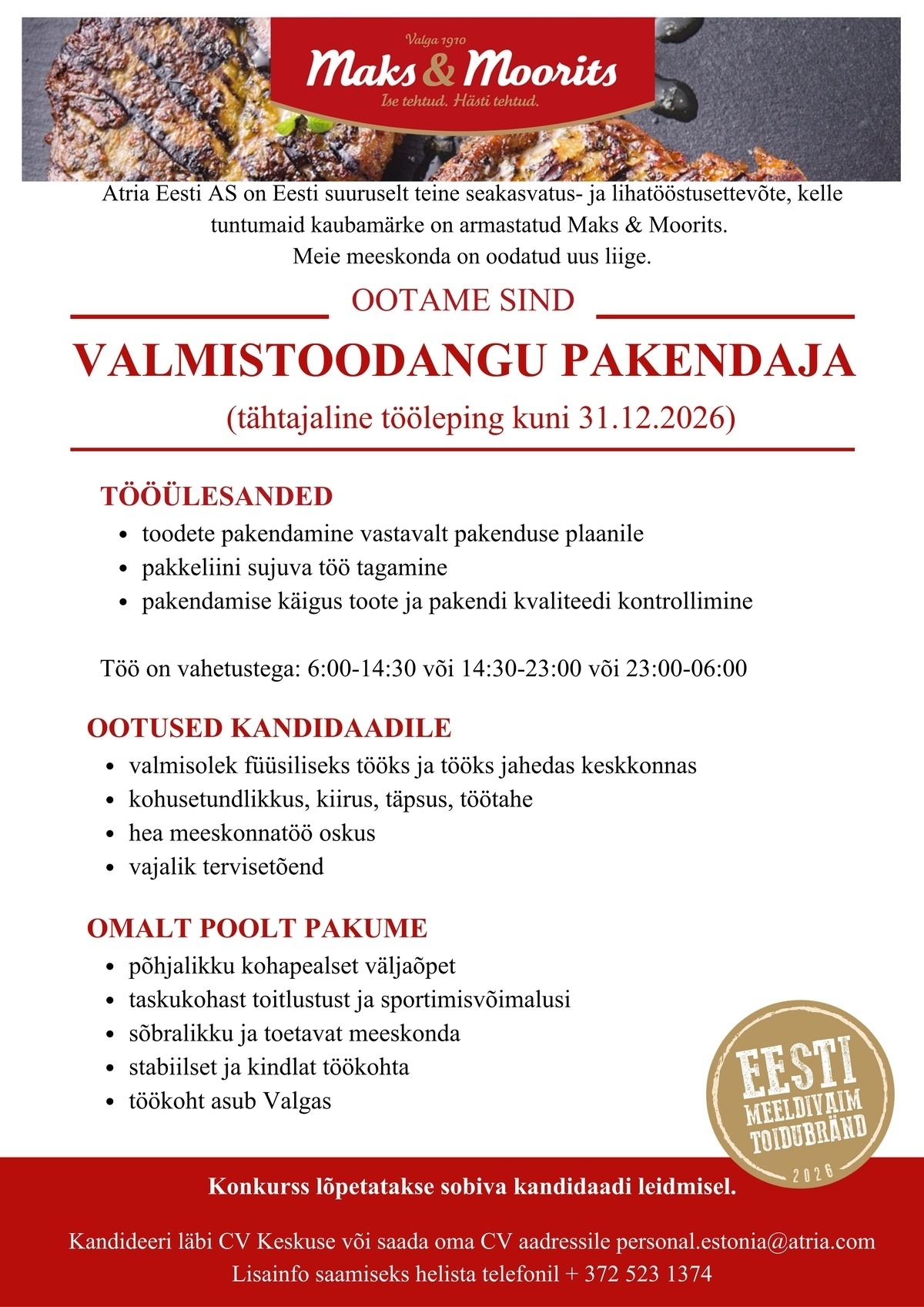 Atria Eesti AS Valmistoodangu pakendaja (tähtajaline tööleping)