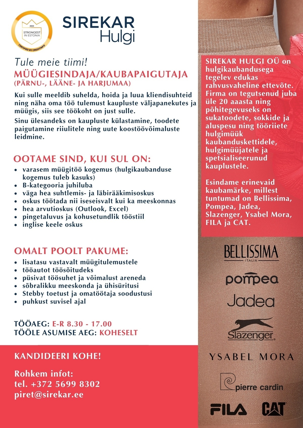 Sirekar Hulgi OÜ Müügiesindaja/kaubapaigutaja (Pärnu-, Lääne-ja Harjumaa)