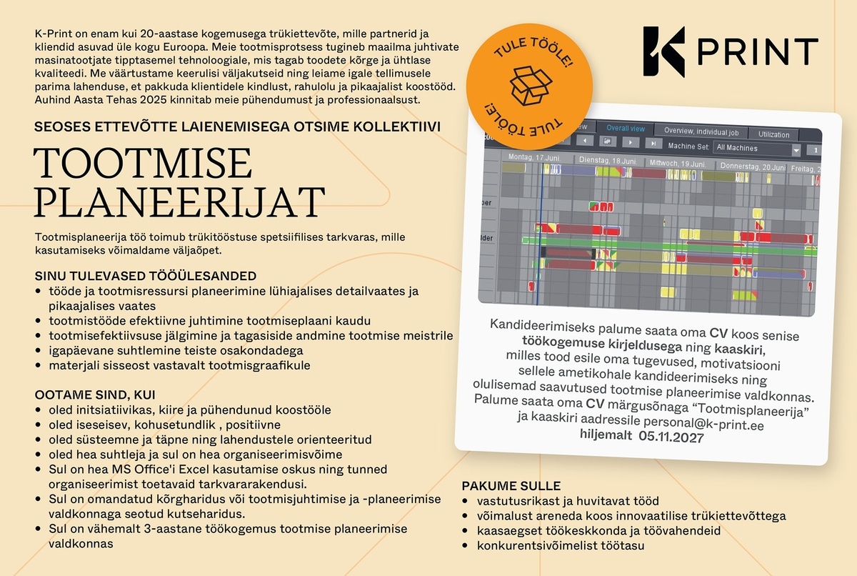 K-Print OÜ Tootmise planeerija