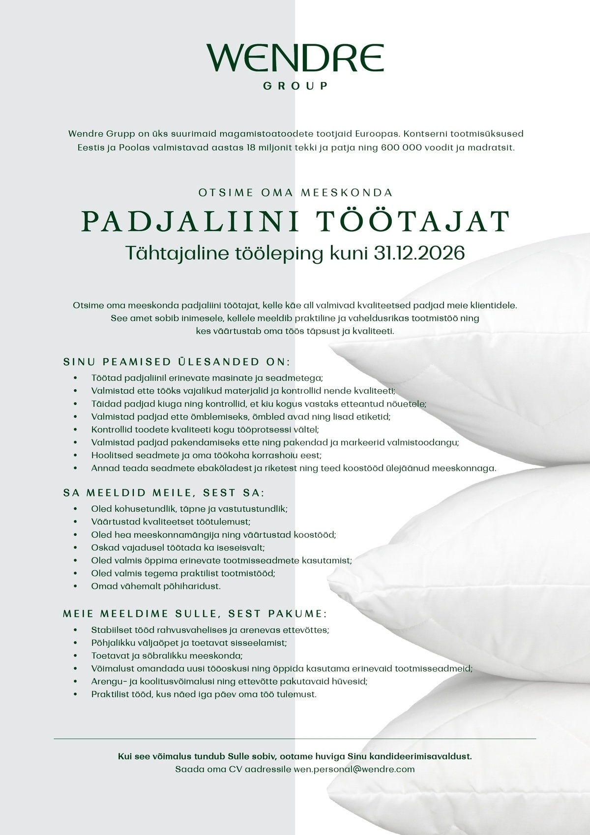 Wendre AS Padjaliini töötaja (tähtajaline leping kuni 31.12.2026 )