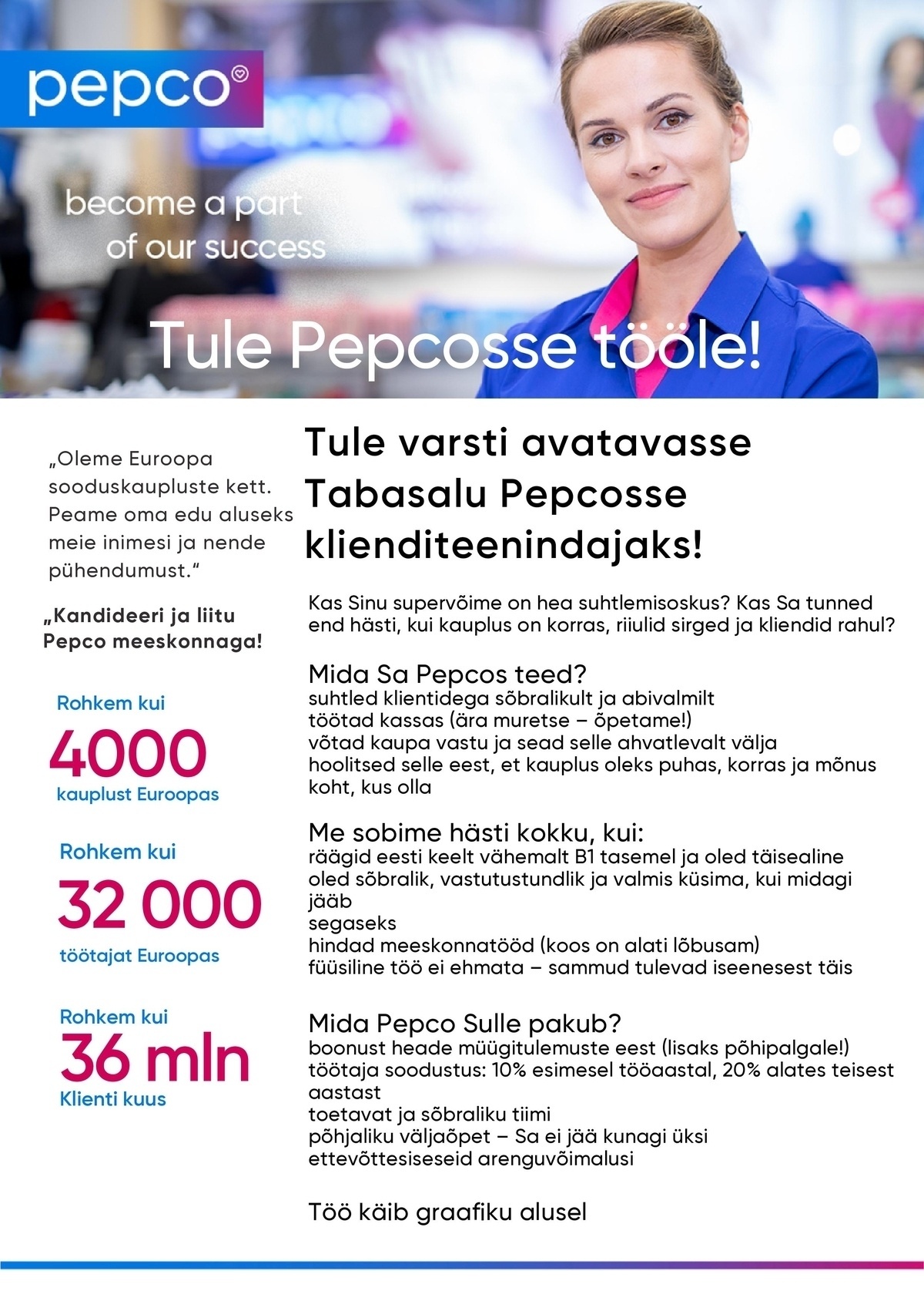 Pepco Estonia OÜ Klienditeenindaja Tabasalu PEPCO kauplusesse 0,5 - 1.0 (paindliku tööaja kokulepe)