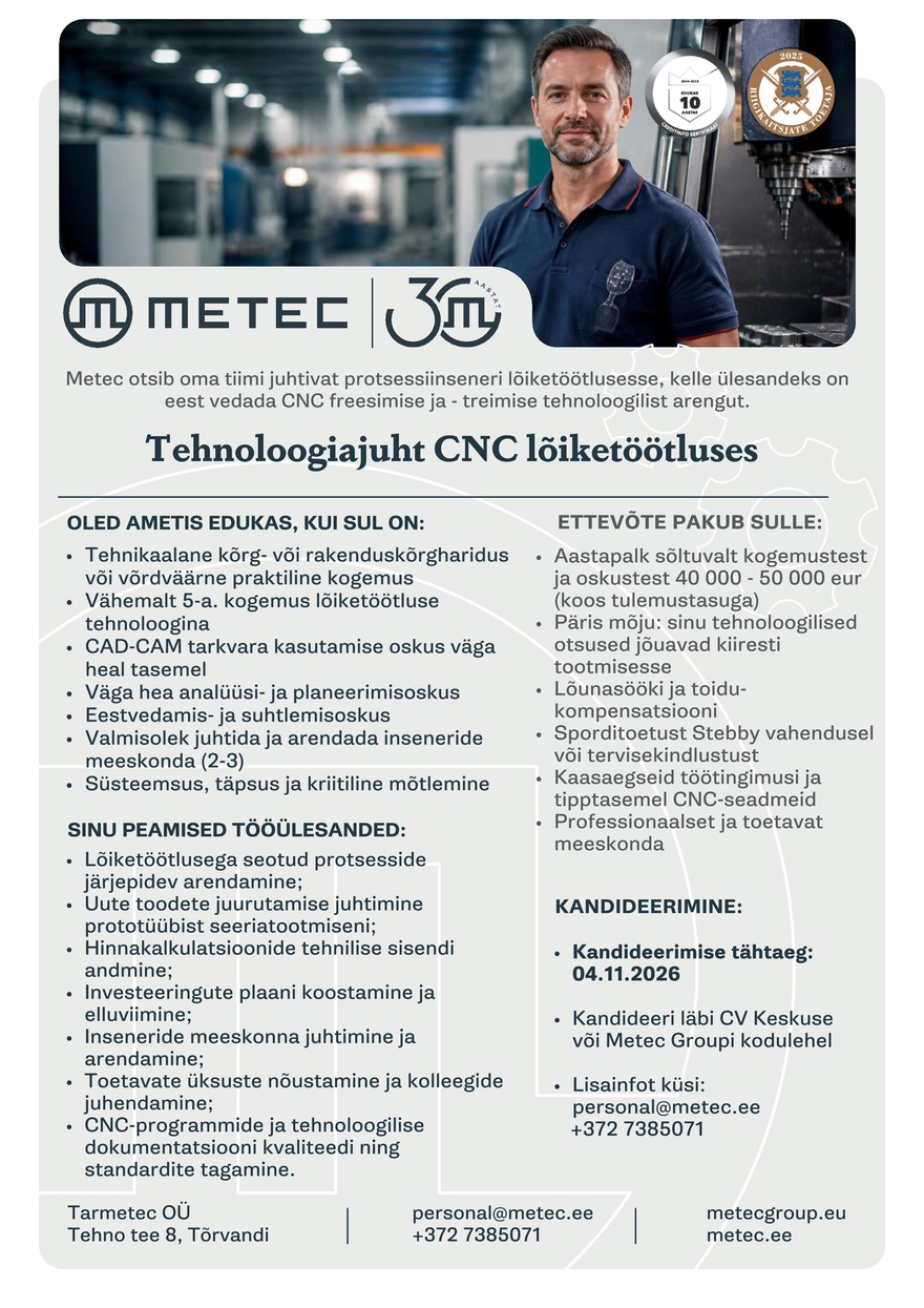 Tarmetec OÜ Tehnoloogiajuht CNC lõiketöötluses