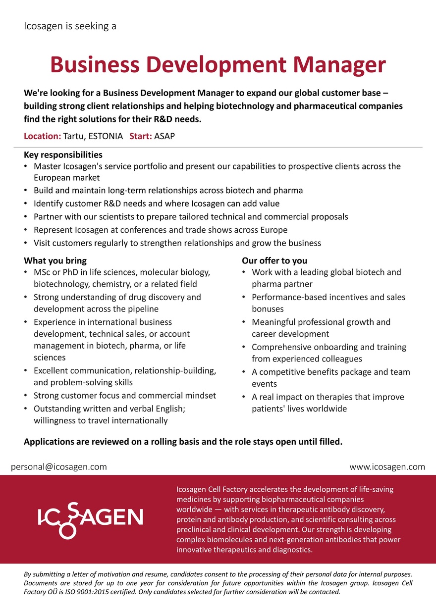 Icosagen Cell Factory OÜ Business Development Manager