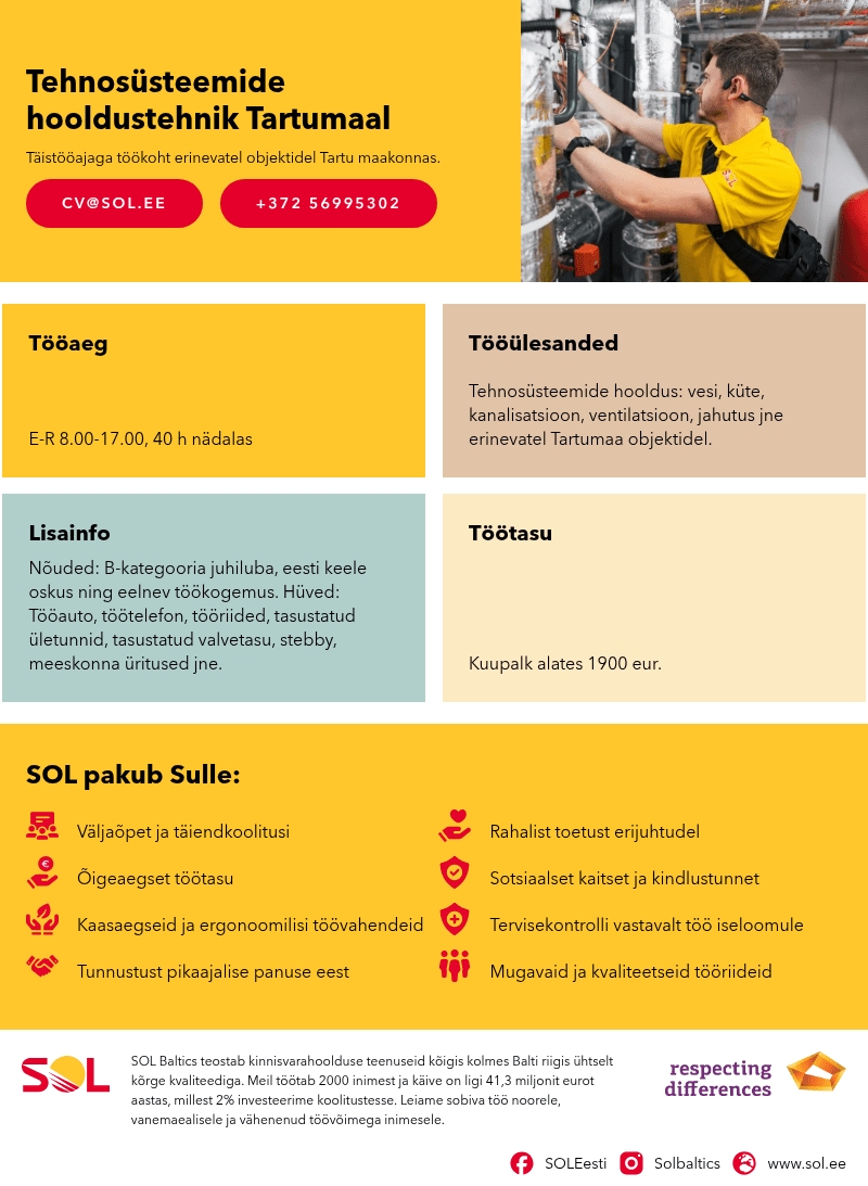 SOL Baltics OÜ Tehnosüsteemide hooldustehnik Tartumaal