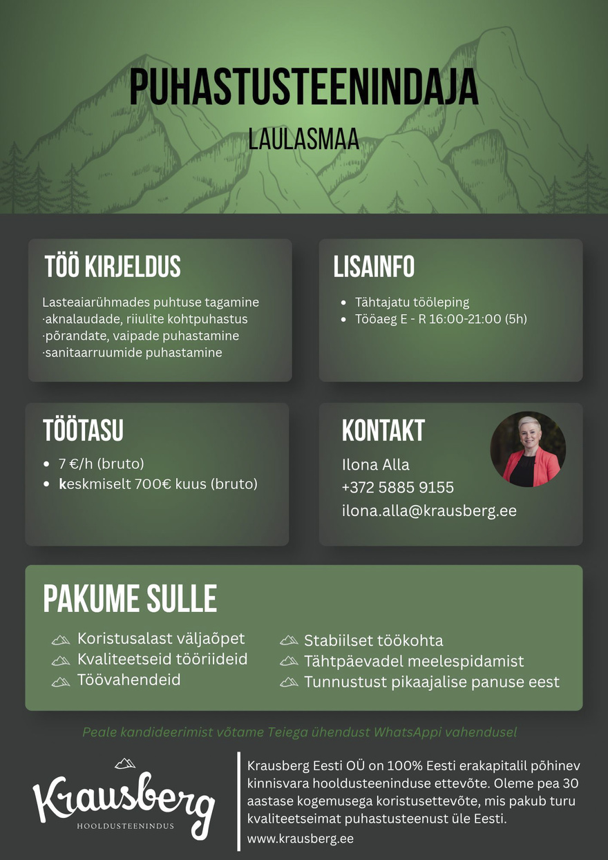 Krausberg Eesti OÜ Puhastusteenindaja Laulasmaa (osaline, õhtune)