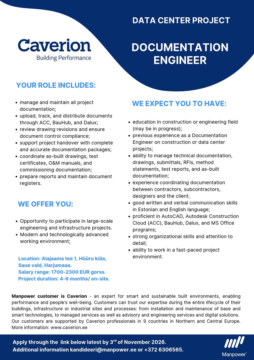 Manpower OÜ Data Center Project Documentation Engineer