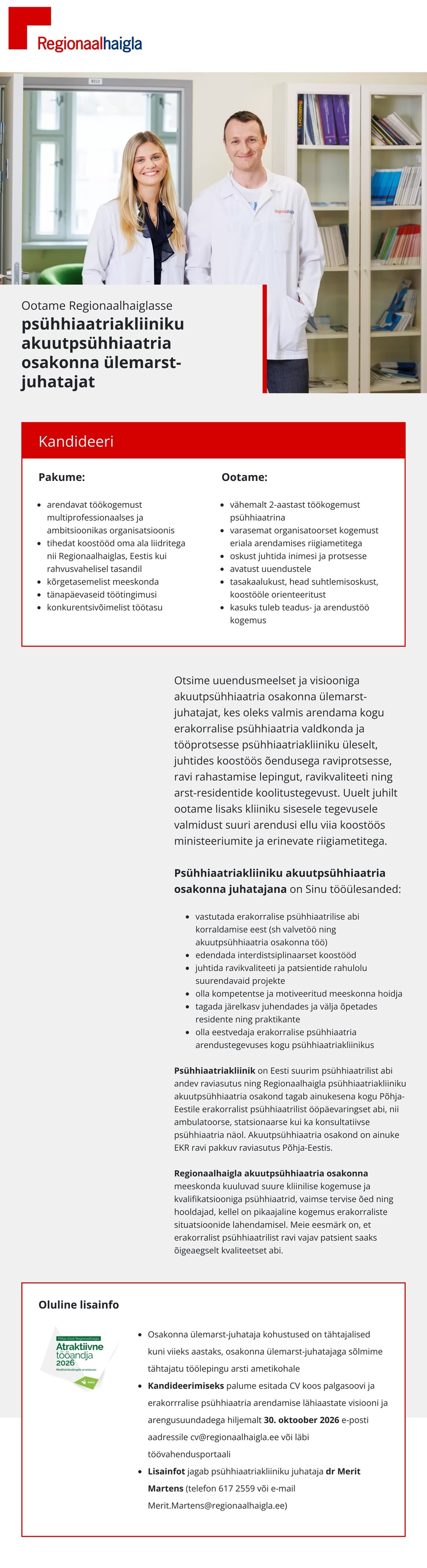 Põhja-Eesti Regionaalhaigla Psühhiaatriakliiniku akuutpsühhiaatria osakonna ülemarst-juhataja