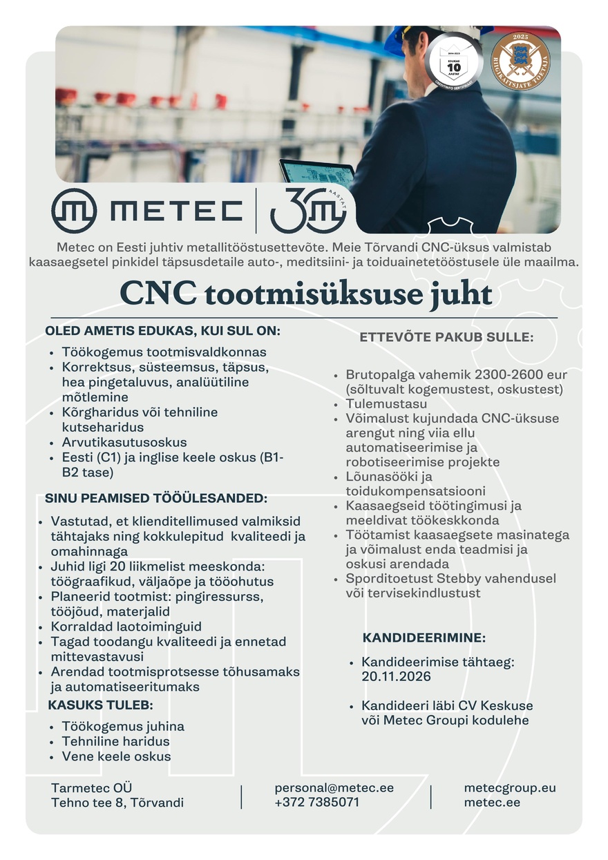 Tarmetec OÜ CNC tootmisüksuse juht