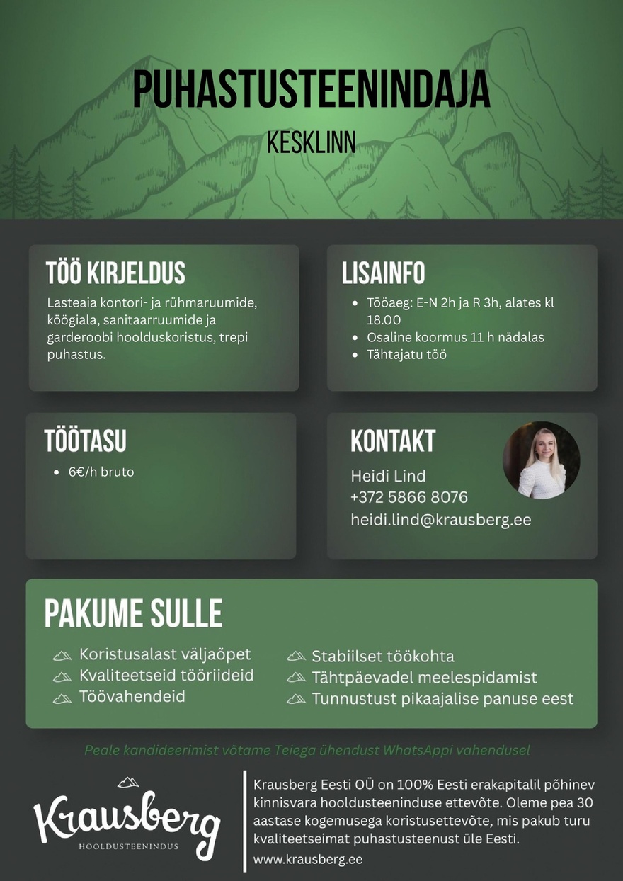 Krausberg Eesti OÜ Puhastusteenindaja lasteaias, Kesklinn (osaline)