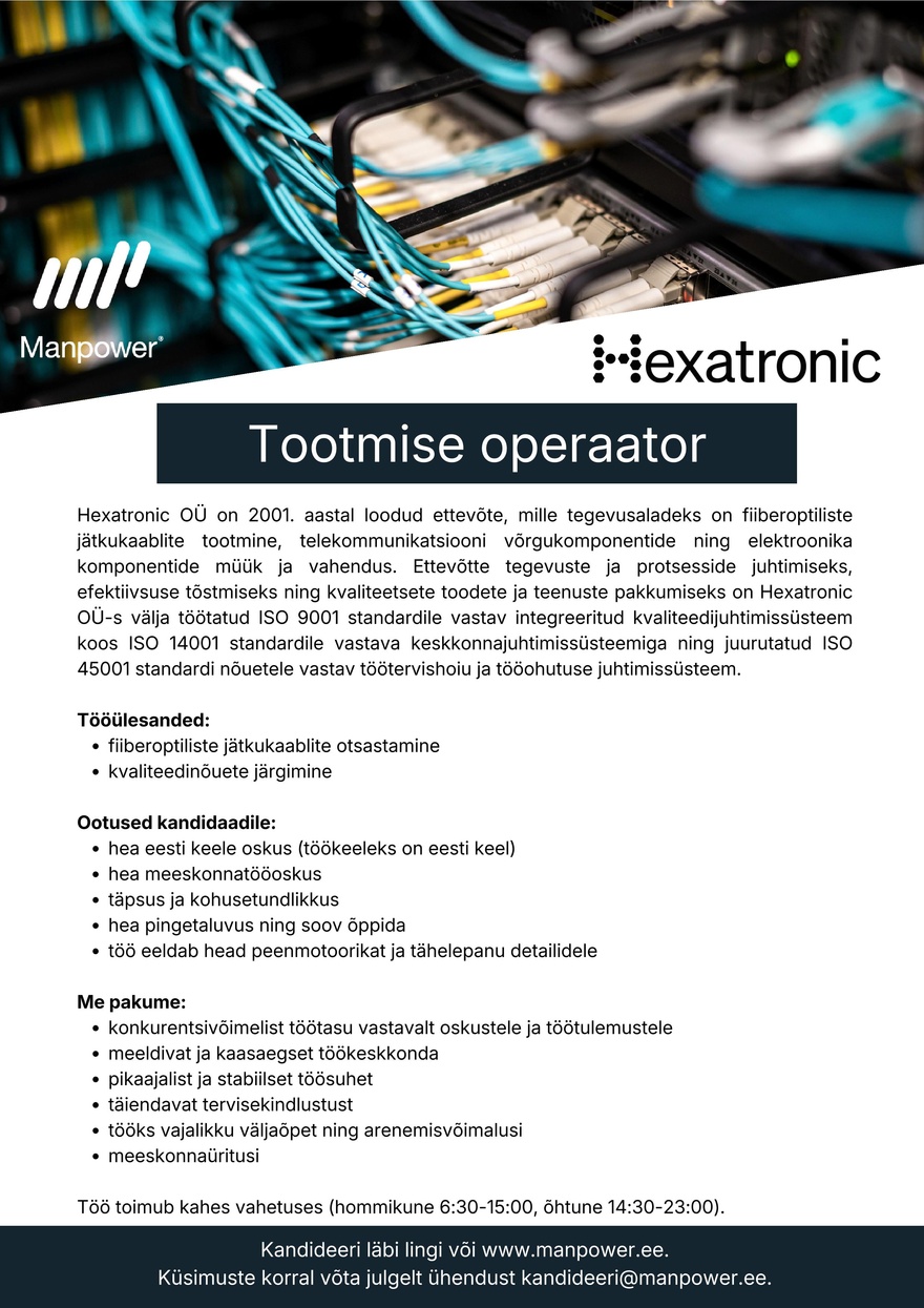 Manpower OÜ Tootmise operaator